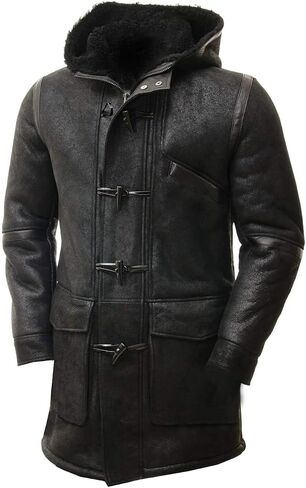 Duffle Sheepskin Leather Jacket for Men Artificial Fur Hooded Coat Black Toggle Button in Saudi Arabia