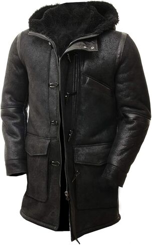 Duffle Sheepskin Leather Jacket for Men Artificial Fur Hooded Coat Black Toggle Button in Saudi Arabia