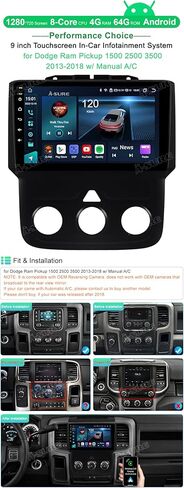 ترقية راديو السيارة ASURE 9 بوصة لسيارة Dodge Ram 1500 2500 3500 Pickup 2013-2018 مع تيار متردد يدوي، 8Core 4G+64G وحدة قياس الملاحة GPS Android، Carplay وجهاز استقبال ستيريو Android التلقائي، شاشة لمس عالية الدقة 1280x720 in Kuwait