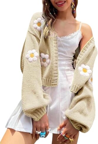 Arssm Y2K Womens Flower Cardigan Sweater Long Sleeve Knit Cropped Cardigan Open Front Cute Shrug Fall Sweater 90s Outfits in Kuwait