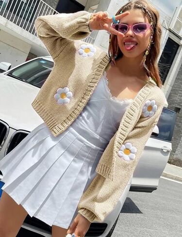 Arssm Y2K Womens Flower Cardigan Sweater Long Sleeve Knit Cropped Cardigan Open Front Cute Shrug Fall Sweater 90s Outfits in Kuwait