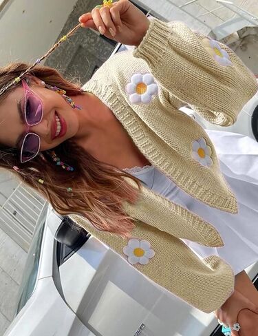 Arssm Y2K Womens Flower Cardigan Sweater Long Sleeve Knit Cropped Cardigan Open Front Cute Shrug Fall Sweater 90s Outfits in Kuwait