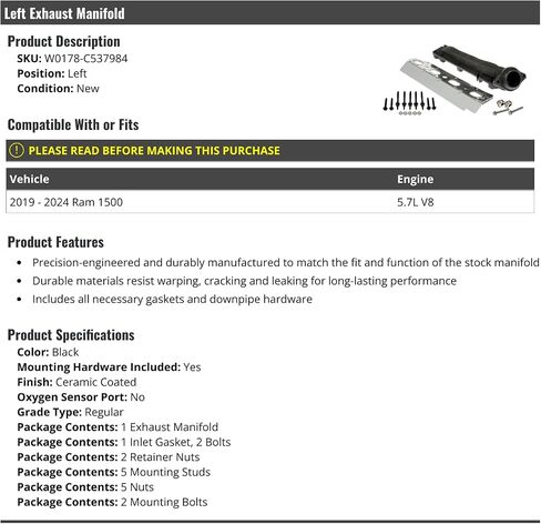 مشعب عادم من جانب السائق الأيسر - متوافق مع 2019-2024 RAM 1500 5.7L V8 in Saudi Arabia