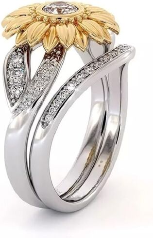 Round Cut White Diamond 14k Two-Tone Gold Finish Sunflower Shape Wedding Anniversary Bridal Bezel Ring Set For Women's in Saudi Arabia