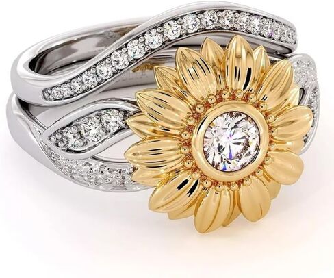 Round Cut White Diamond 14k Two-Tone Gold Finish Sunflower Shape Wedding Anniversary Bridal Bezel Ring Set For Women's in Saudi Arabia