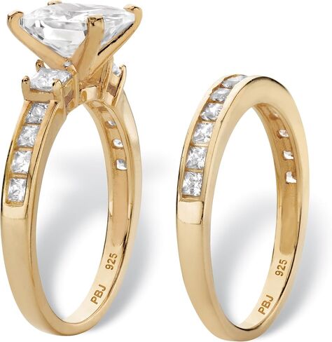 14K Yellow Gold over Sterling Silver Princess Cut Cubic Zirconia Bridal Ring Set in Saudi Arabia