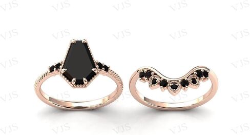 Vintage Art Deco 1 CT Coffin Shaped Black Onyx Engagement Ring Set 14K Rose Gold for Women - Antique Bridal Wedding Anniversary Promise Rings in Saudi Arabia