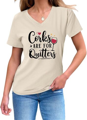 الفلين مخصصات للقميصات للسيدات مضحكة عاشق النبيذ V-neck تي شيرت قصير الأكمام نبيذ شرب السخرية قول قمم in Saudi Arabia