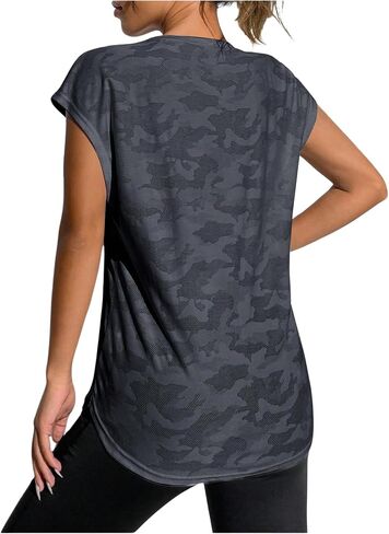 OYOANGLE Women's Camo Print Cap Sleeve Workout Shirts Exercise Running Active Dolman Sleeve Gym T-Shirt in Saudi Arabia