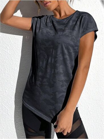OYOANGLE Women's Camo Print Cap Sleeve Workout Shirts Exercise Running Active Dolman Sleeve Gym T-Shirt in Saudi Arabia