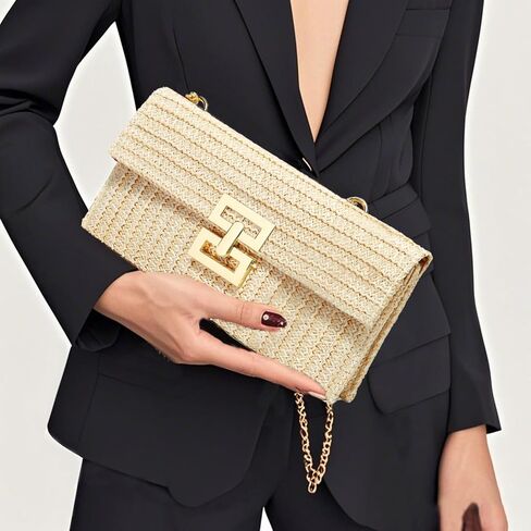 حقيبة كروس بمحفظة من القش للنساء مصممة حقيبة يد مسائية كاجوال صيفية للشاطئ حقيبة كتف من القش in Kuwait