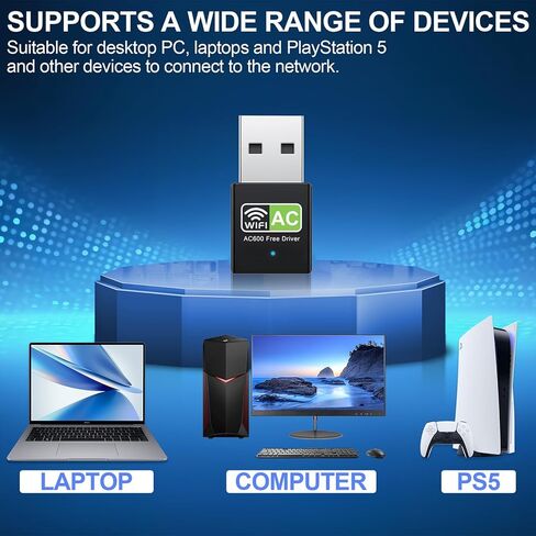 محول USB واي فاي لاسلكي لألعاب الكمبيوتر المكتبي بسرعة 600 ميجا بت في الثانية، محول USB ثنائي النطاق 2.4 جيجا 5.8 جيجا، محول USB لاسلكي للكمبيوتر الشخصي يدعم Windows 10/8/7/Xp، Vista، Mac OS، Linux Etc USB Dongle أسود in Kuwait