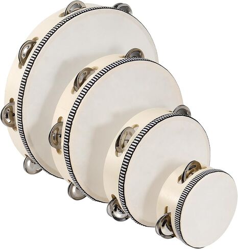 4 PCS 4" 6" 8" 10" Brown Wooden Tambourine, Musical Instrument Tambourine Set, Handheld Drum Bell Metal Jingles Single Row Percussion for Church, KTV, Party, Musical Class in Kuwait