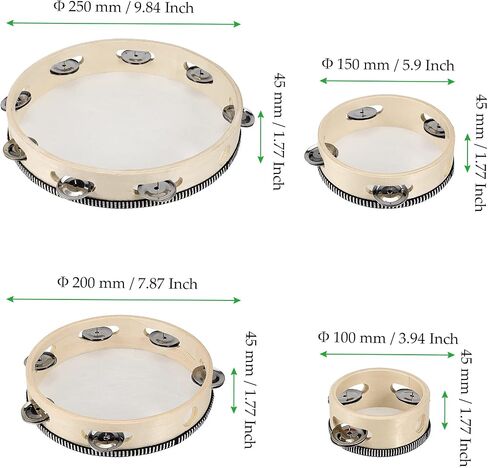 4 PCS 4" 6" 8" 10" Brown Wooden Tambourine, Musical Instrument Tambourine Set, Handheld Drum Bell Metal Jingles Single Row Percussion for Church, KTV, Party, Musical Class in Kuwait