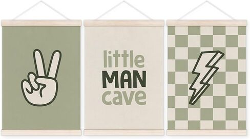 Little Man Cave Poster Hanger with Wood Frame, Trendy Retro Sage Green Checkered Lightning Peace Sign Wall Art Decor for Boys Room, Kids Posters for Toddler Bedroom Decor, 12x16 Inch Set of 3 in Kuwait