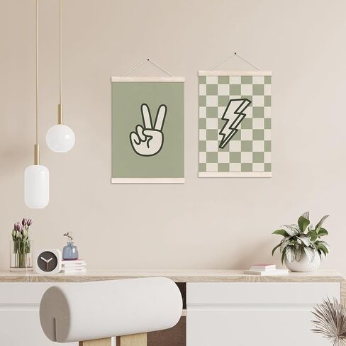 Little Man Cave Poster Hanger with Wood Frame, Trendy Retro Sage Green Checkered Lightning Peace Sign Wall Art Decor for Boys Room, Kids Posters for Toddler Bedroom Decor, 12x16 Inch Set of 3 in Kuwait
