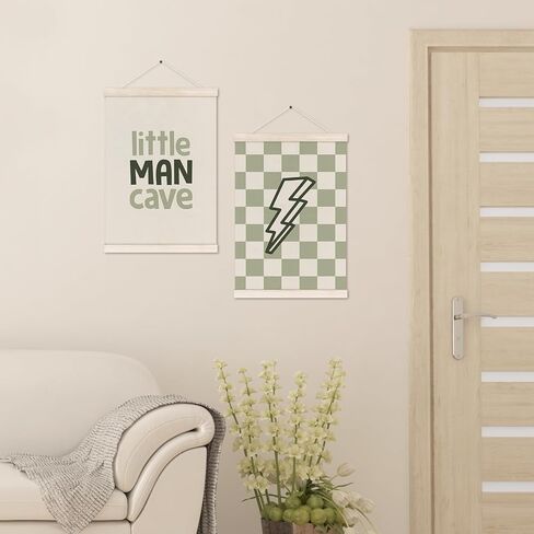 Little Man Cave Poster Hanger with Wood Frame, Trendy Retro Sage Green Checkered Lightning Peace Sign Wall Art Decor for Boys Room, Kids Posters for Toddler Bedroom Decor, 12x16 Inch Set of 3 in Kuwait