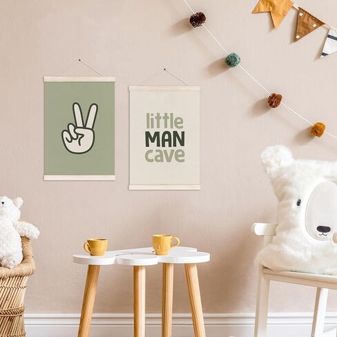 Little Man Cave Poster Hanger with Wood Frame, Trendy Retro Sage Green Checkered Lightning Peace Sign Wall Art Decor for Boys Room, Kids Posters for Toddler Bedroom Decor, 12x16 Inch Set of 3 in Kuwait