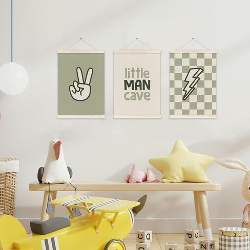 Little Man Cave Poster Hanger with Wood Frame, Trendy Retro Sage Green Checkered Lightning Peace Sign Wall Art Decor for Boys Room, Kids Posters for Toddler Bedroom Decor, 12x16 Inch Set of 3 in Kuwait