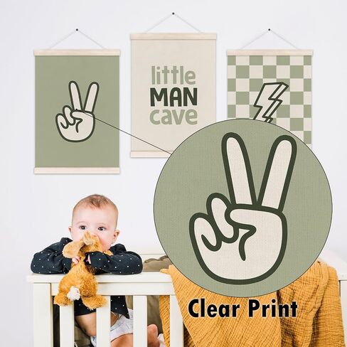 Little Man Cave Poster Hanger with Wood Frame, Trendy Retro Sage Green Checkered Lightning Peace Sign Wall Art Decor for Boys Room, Kids Posters for Toddler Bedroom Decor, 12x16 Inch Set of 3 in Kuwait