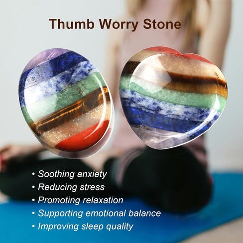 Thumb Worry Stones for Anxiety, 2PCS 7 Chakra Crystals and Healing Stones, Oval Heart Meditation Chakra Stones Healing Crystals, Natural Reiki Relax Palm Stone Stress Relief Gifts for Women Men in Kuwait