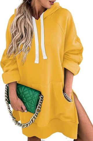 SHEWIN Women's Oversized Casual Pullover Long Sleeve Split Hem Drawstring Hoodies Dress With Kangaroo Pocket in Saudi Arabia