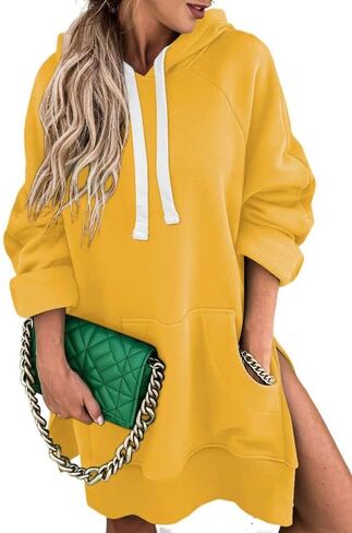 SHEWIN Women's Oversized Casual Pullover Long Sleeve Split Hem Drawstring Hoodies Dress With Kangaroo Pocket in Saudi Arabia