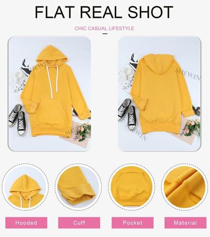SHEWIN Women's Oversized Casual Pullover Long Sleeve Split Hem Drawstring Hoodies Dress With Kangaroo Pocket in Saudi Arabia