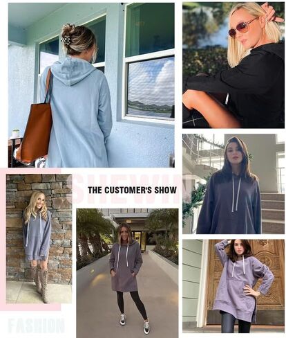 SHEWIN Women's Oversized Casual Pullover Long Sleeve Split Hem Drawstring Hoodies Dress With Kangaroo Pocket in Saudi Arabia