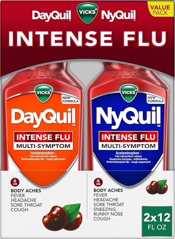 Vicks DayQuil & NyQuil Intense Flu Liquid, Value Pack, Over-The-Counter, Multi-Symptom, Powerful Relief for Body Aches, Fever, Headache, Sore Throat, and Cough, 6 Hour Relief, Cherry Flavor, 12 FL OZ in Saudi Arabia