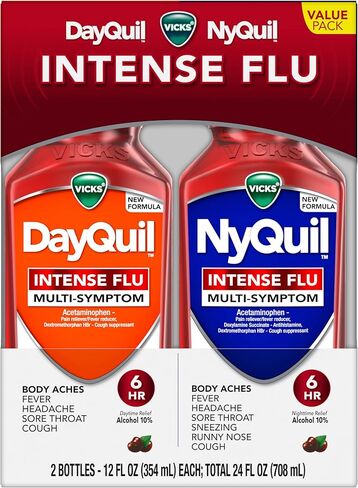 Vicks DayQuil & NyQuil Intense Flu Liquid, Value Pack, Over-The-Counter, Multi-Symptom, Powerful Relief for Body Aches, Fever, Headache, Sore Throat, and Cough, 6 Hour Relief, Cherry Flavor, 12 FL OZ in Saudi Arabia