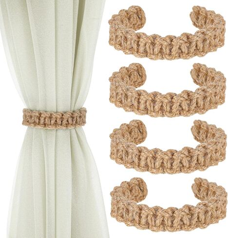 4 Pack Boho Braided Curtain Tiebacks, Farmhouse Rustic Curtain Tie Backs Handmade Light Weight Drapes Holdbacks Flexible Burlap Rope Tie for Home Office Outdoor Bedroom Decorative in Kuwait