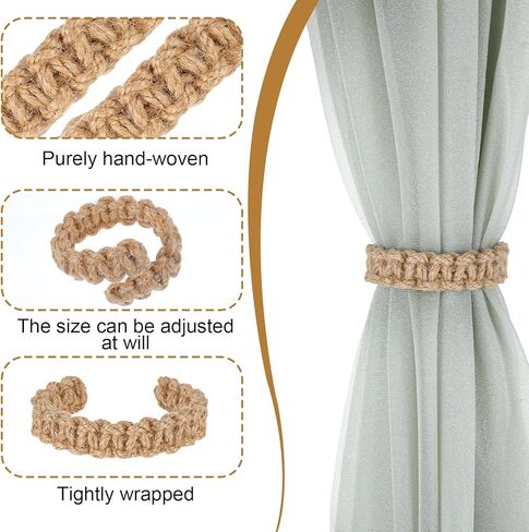 4 Pack Boho Braided Curtain Tiebacks, Farmhouse Rustic Curtain Tie Backs Handmade Light Weight Drapes Holdbacks Flexible Burlap Rope Tie for Home Office Outdoor Bedroom Decorative in Kuwait