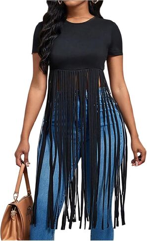 SOLY HUX Women's Short Sleeve Fringe Tops Crew Neck Slim Fit Tee Going Out Summer T Shirt in Saudi Arabia