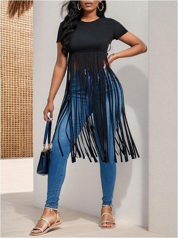 SOLY HUX Women's Short Sleeve Fringe Tops Crew Neck Slim Fit Tee Going Out Summer T Shirt in Saudi Arabia