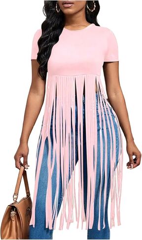 SOLY HUX Women's Short Sleeve Fringe Tops Crew Neck Slim Fit Tee Going Out Summer T Shirt in Saudi Arabia
