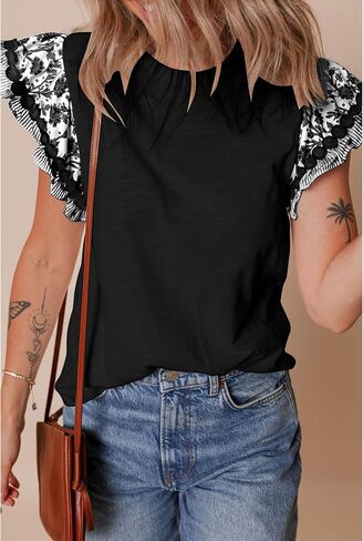Selink Womens Summer Summer Summer Sleeve Top Crewneck T قمصان الزهور بلوزات غير رسمية in Kuwait