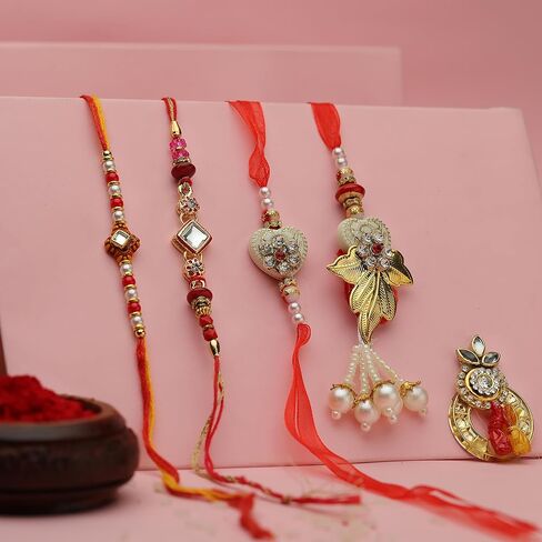 مجموعة من 4 Rakhi للأخ و Bhabhi Rakhi Lumba سوار الخيط ل Bhai Bhaiya Veera Raksha Bandhan Rakhi مجموعة أساور Dora مع حزمة هدايا لأخ الأخ الشقيقة الهندية المهرجان التقليدي in Saudi Arabia