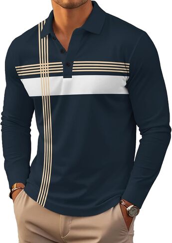 Mens Fashion Long Sleeve Polo Dorts Disual Golf Derts Color Block Cotton Top in Kuwait