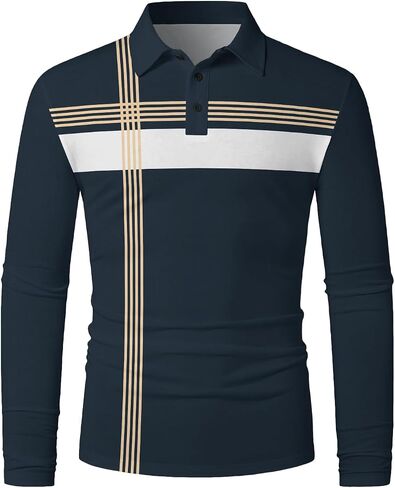 Mens Fashion Long Sleeve Polo Dorts Disual Golf Derts Color Block Cotton Top in Kuwait