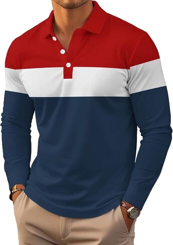 Mens Fashion Long Sleeve Polo Dorts Disual Golf Derts Color Block Cotton Top in Kuwait
