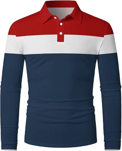 Mens Fashion Long Sleeve Polo Dorts Disual Golf Derts Color Block Cotton Top in Kuwait