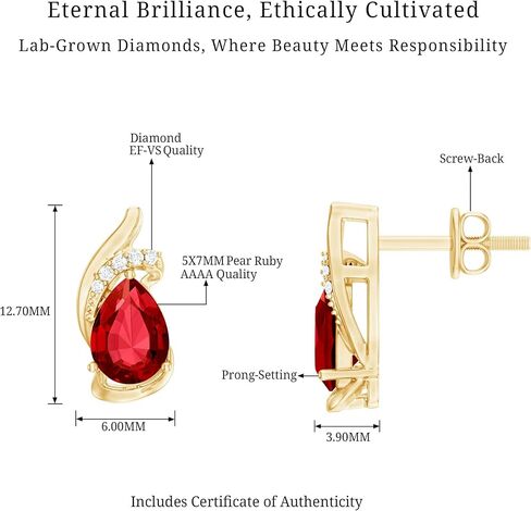 Certified Lab Grown Ruby Diamond Earrings For Women, Aaaa Quality, 5X7 mm Pear Ruby Designer Earrings - Ready To Gift in Saudi Arabia