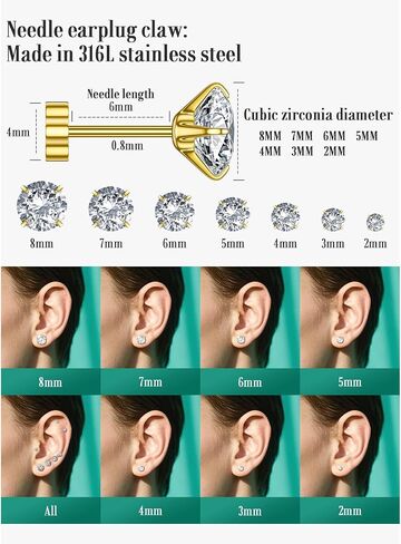 7 أزواج أقراط للنساء للنساء ، الذهب/الذهب/الفضة من الفولاذ الجراحي الصلب 20G مجموعات أقراط مسطحة للآذان الحساسة ، تألق الزركونيا المكعب 2-8 ملم لثقب متعدد in Kuwait