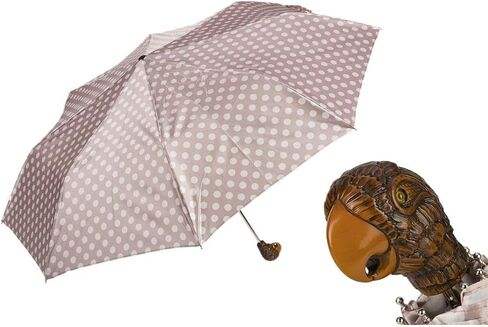 Polka Dot Folding Umbrella with Parrot Handle by Pasotti, Stylish Accessory, HandMade, Pink with white in Saudi Arabia