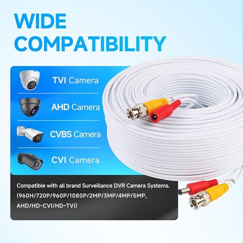 100ft/30M All-in-One BNC Video Power Cables, White BNC Extension Surveillance Camera Wires for CCTV Camera DVR NVR Systems (2PCS BNC Connectors Included) in Kuwait