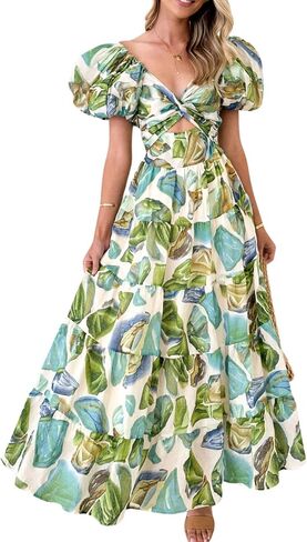 Women's Summer Off The Shoulder Dresses Puff Sleeve Twist Front Cut Out A-Line Dress Casual Maxi Dress with Pockets in Kuwait