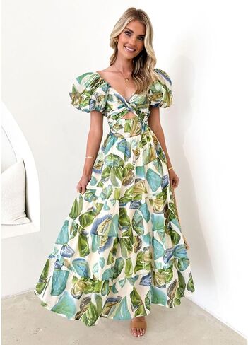 Women's Summer Off The Shoulder Dresses Puff Sleeve Twist Front Cut Out A-Line Dress Casual Maxi Dress with Pockets in Kuwait