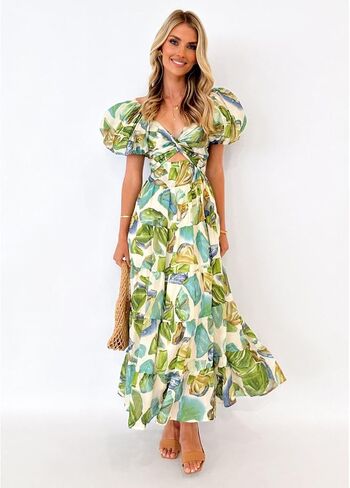 Women's Summer Off The Shoulder Dresses Puff Sleeve Twist Front Cut Out A-Line Dress Casual Maxi Dress with Pockets in Kuwait