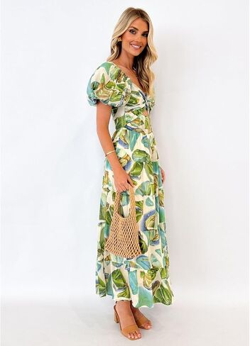 Women's Summer Off The Shoulder Dresses Puff Sleeve Twist Front Cut Out A-Line Dress Casual Maxi Dress with Pockets in Kuwait